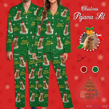 Custom Pet Face Merry Christmas Matching Pajamas-Green-WEPRINTME