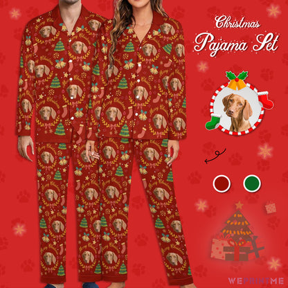 Custom Pet Face Wreath Christmas Matching Pajamas-Main Red-WEPRINTME