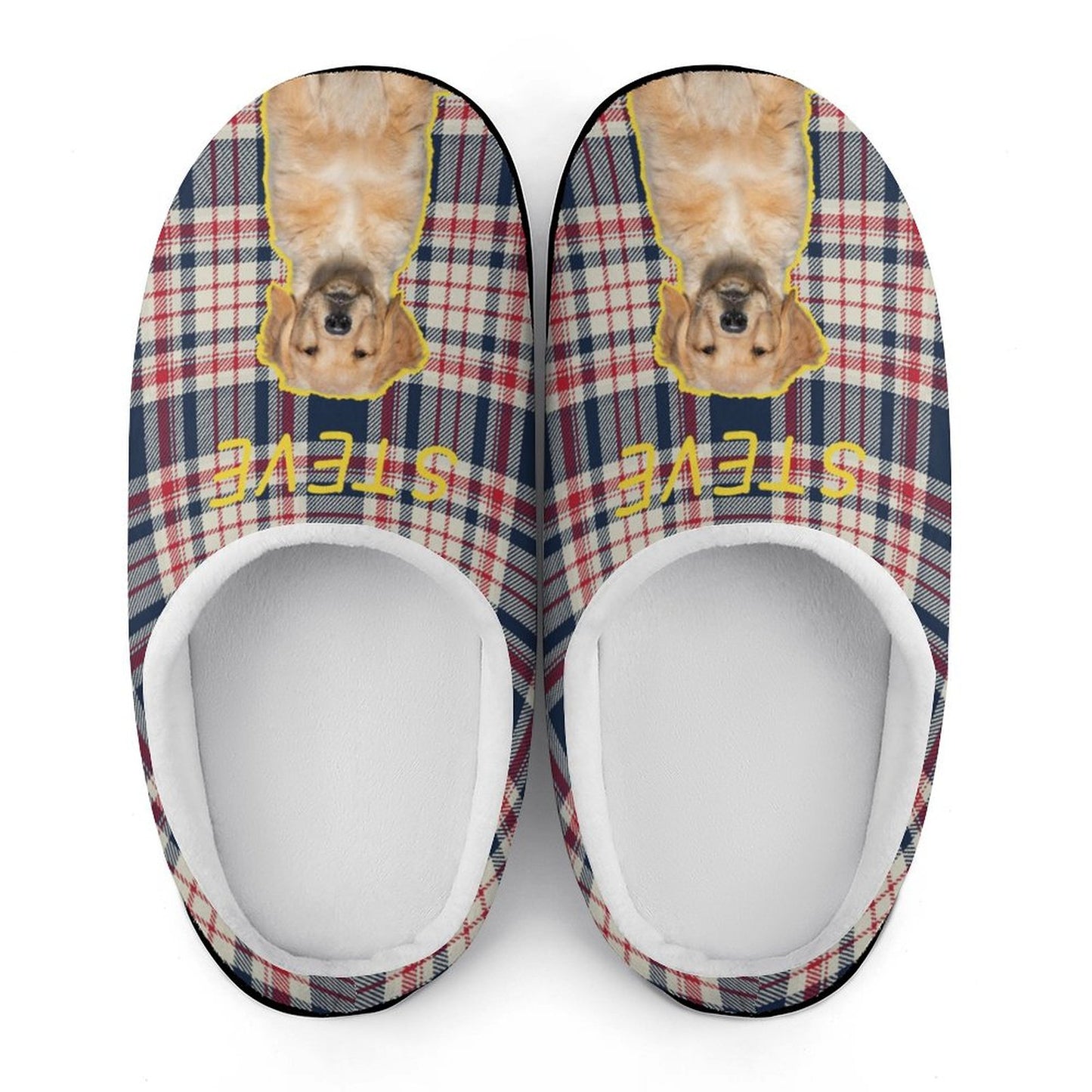 Custom Pet Face and Name Plaid Cotton Slippers