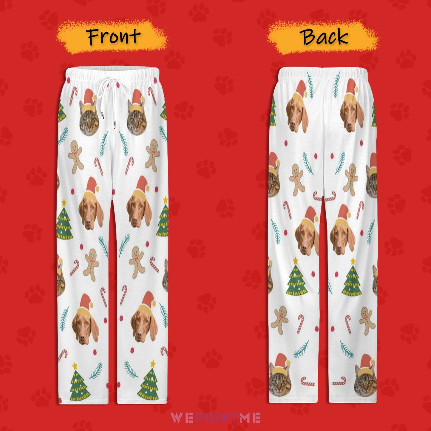 Custom Pet Face Gingerbread Man Pajama Pants - front and back - WEPRINTME