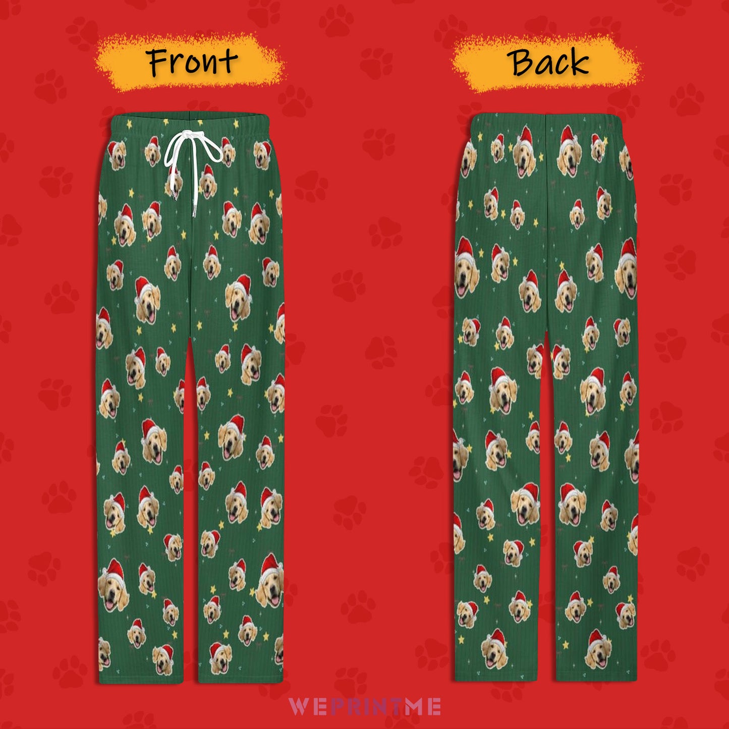 Custom Pet Face Green Stars Santa Pajama Pants-Style1 Back and Front-WEPRINTME