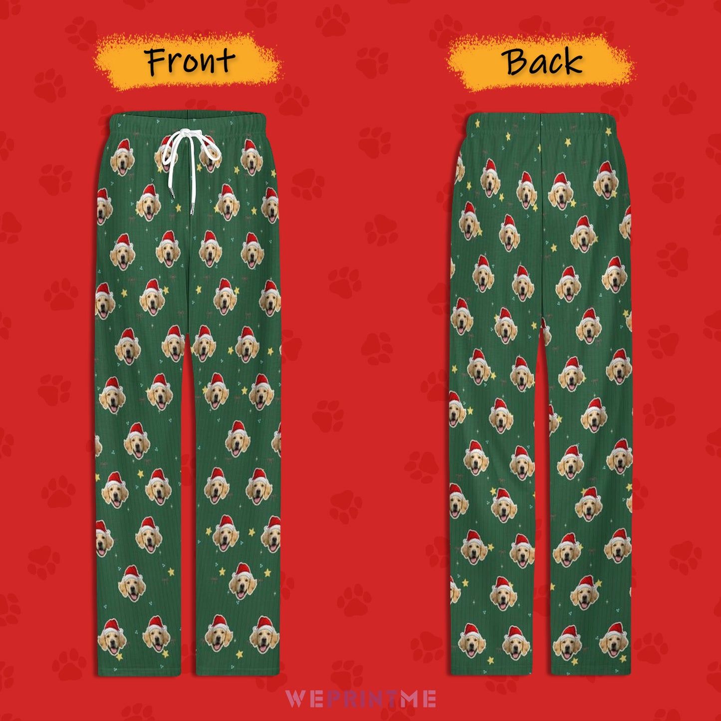 Custom Pet Face Green Stars Santa Pajama Pants-Style2 Back and Front-WEPRINTME