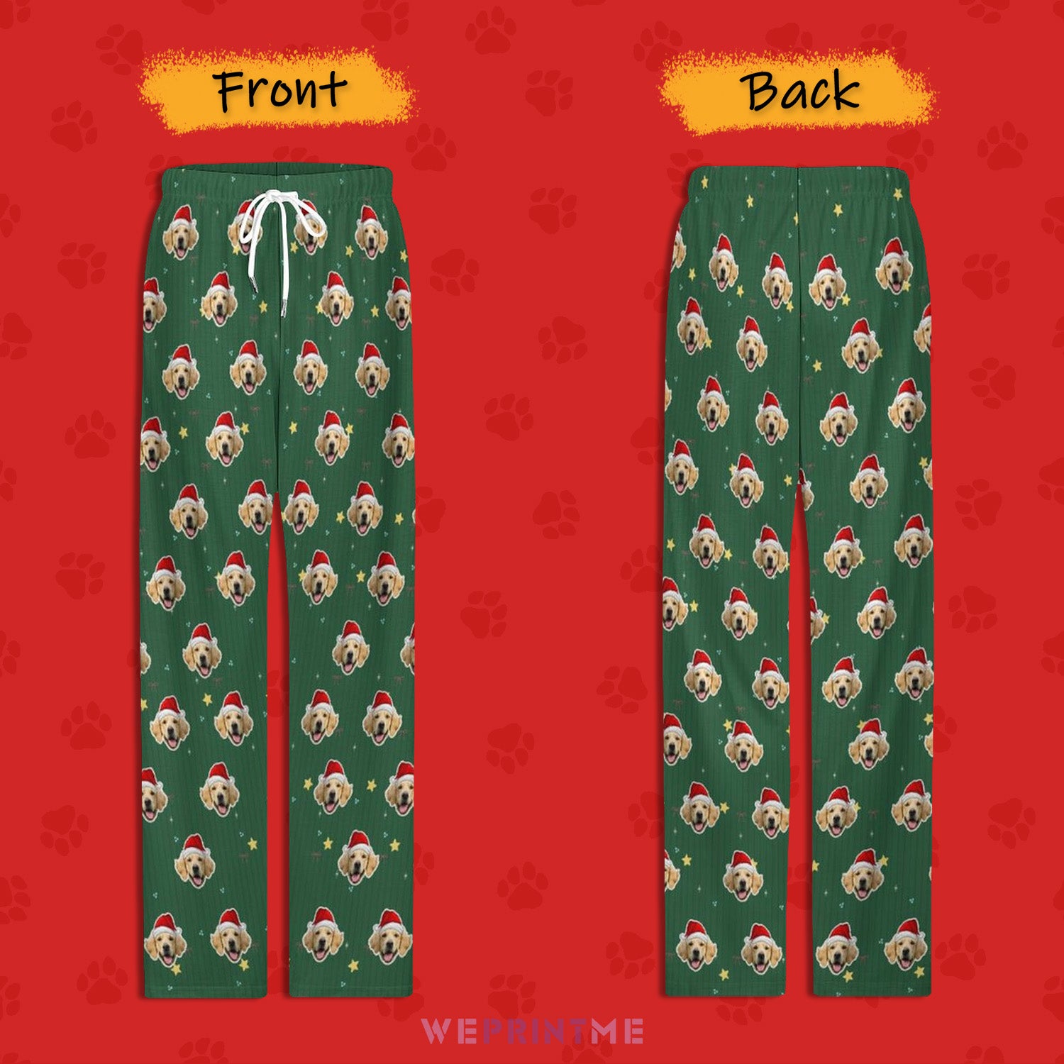 Custom Pet Face Green Stars Santa Pajama Pants-Style2 Back and Front-WEPRINTME