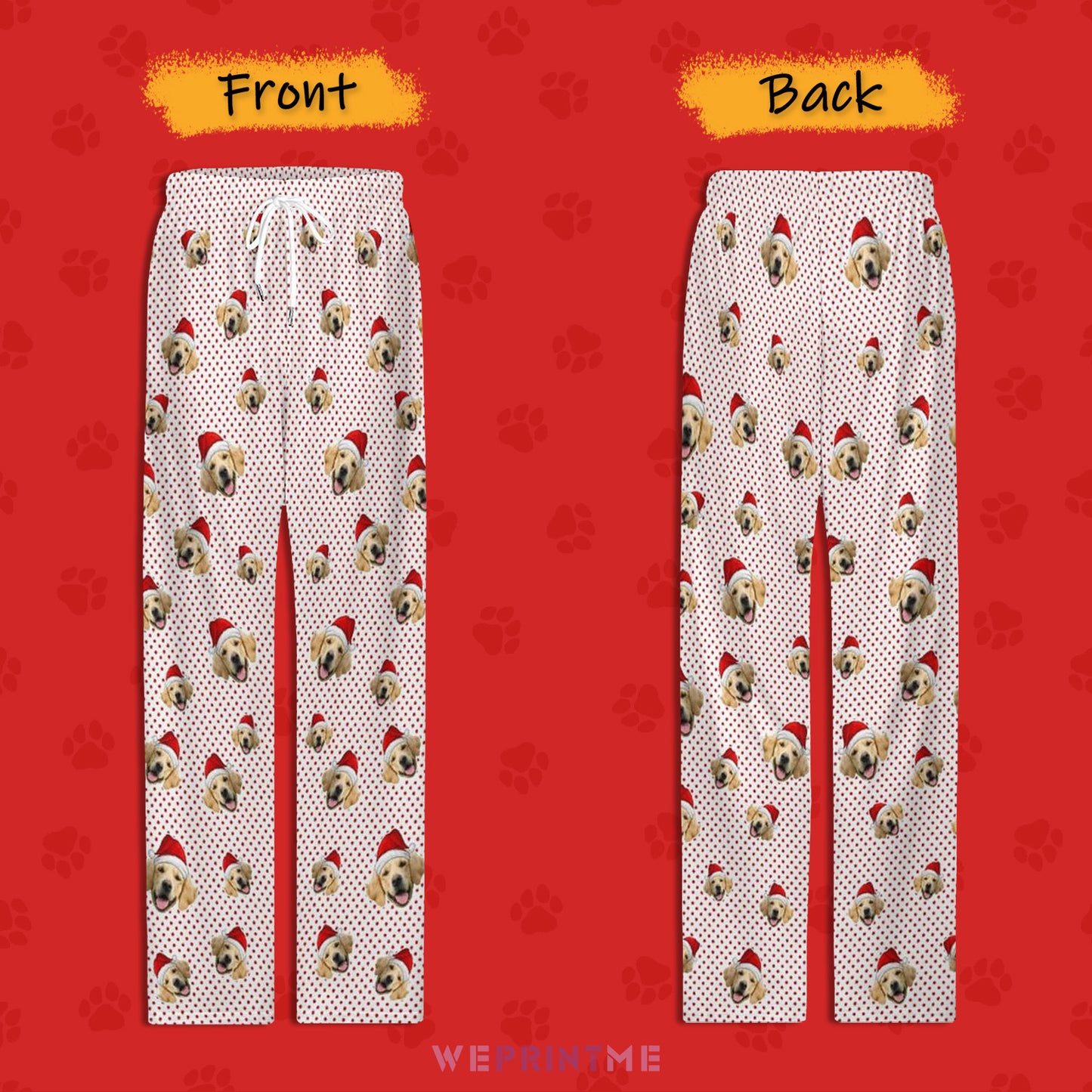 Custom Pet Face Everywhere Red Dots Pajama Pants-Front and Back-WEPRINTME