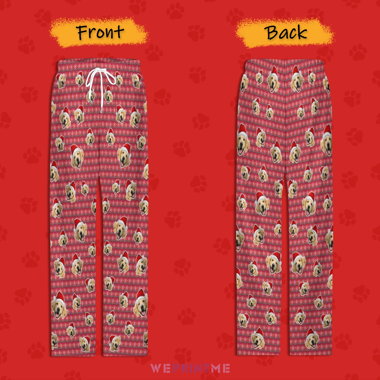 Custom Pet Face Everywhere Red Stripe Pajama Pants-Front and Back-WEPRINTME