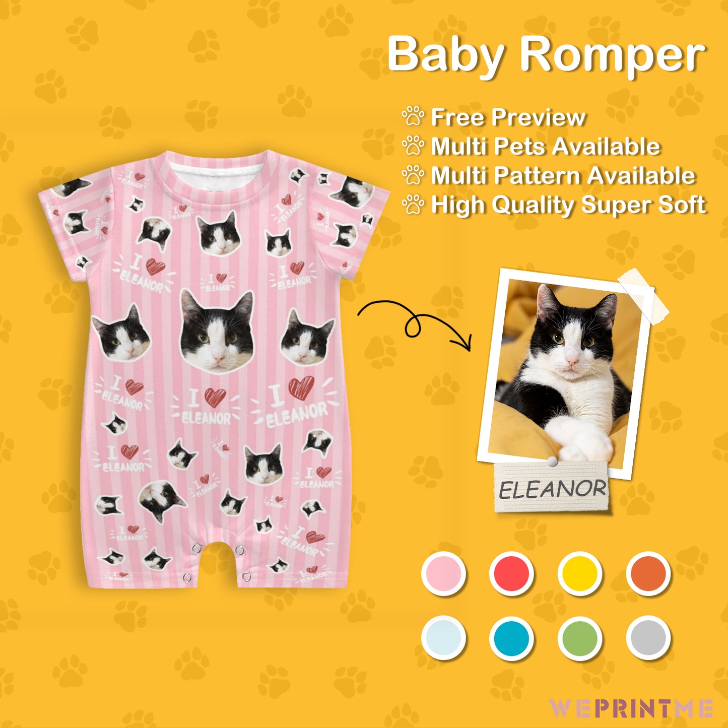 Custom Pet Face and Name Stripe Baby Romper