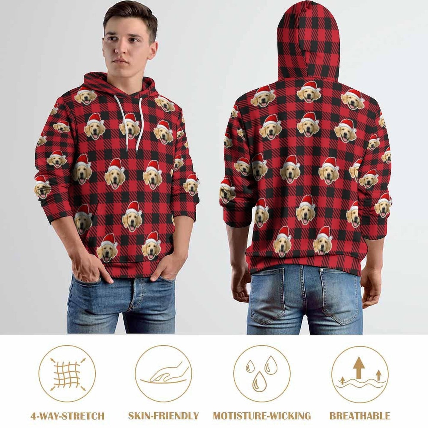 WEPRINTMEHoodieCustom Pet Face Hoodies Santa Red Plaid Hoodies