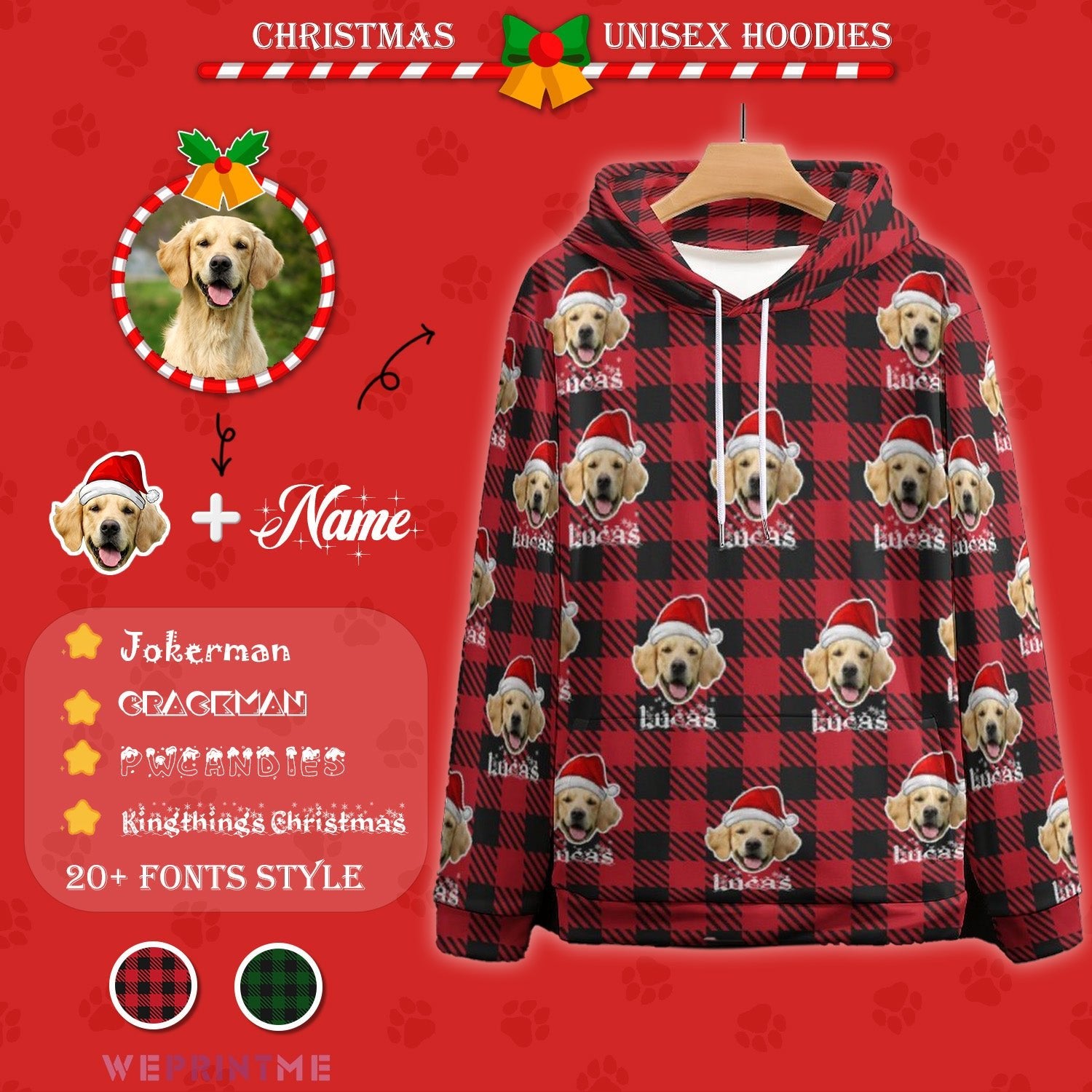 WEPRINTMEHoodieCustom Pet Face&Name Santa Hat Red Plaid Christmas Hoodies