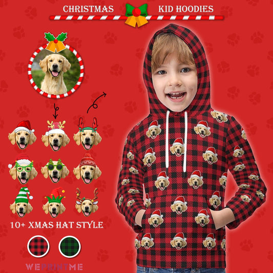 WEPRINTMEKid's HoodieCustom Pet Face Hoodies Santa Red Plaid Hoodies For Kids