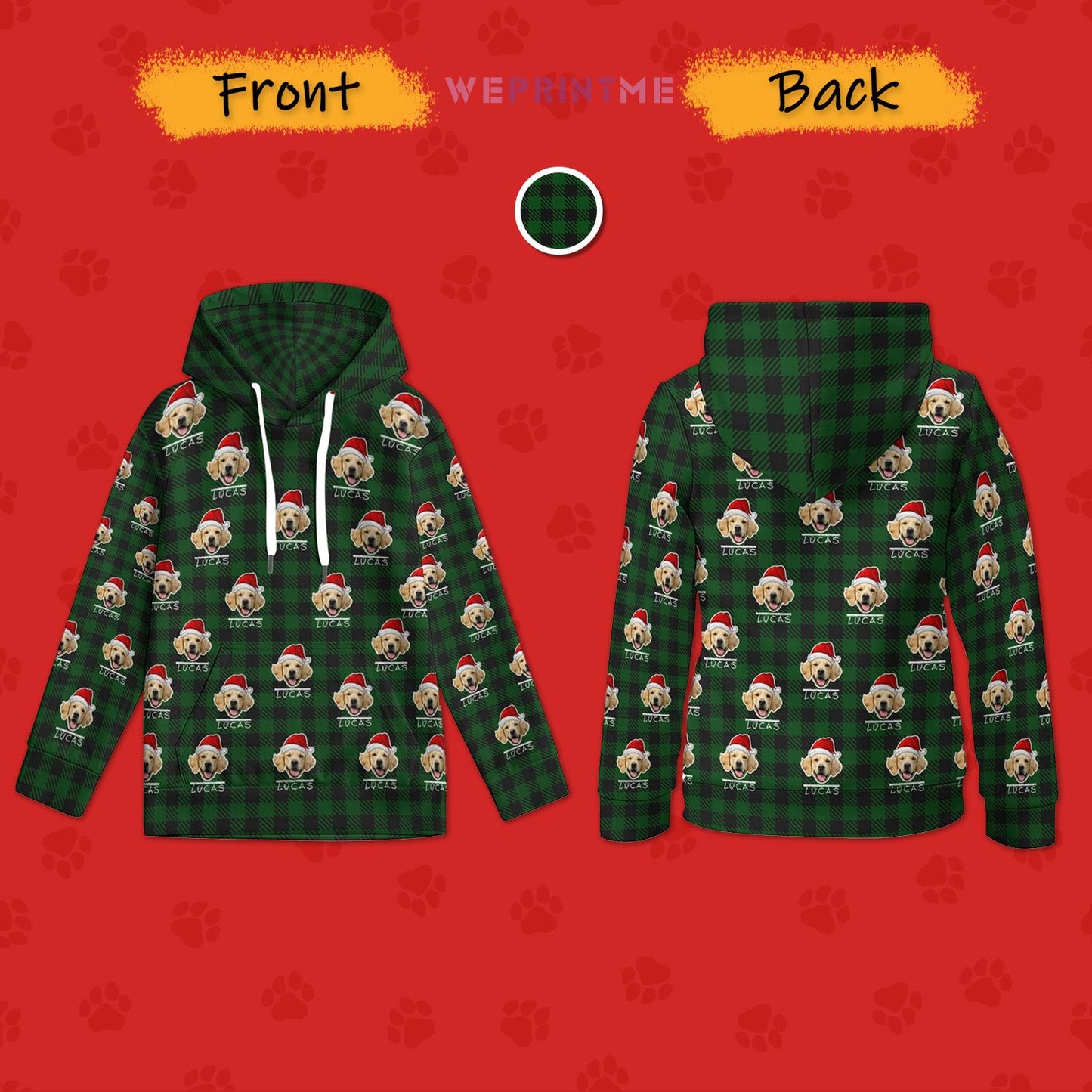 WEPRINTMEKid's HoodieCustom Pet Face&Name Santa Hat Red Plaid Hoodies For Kids