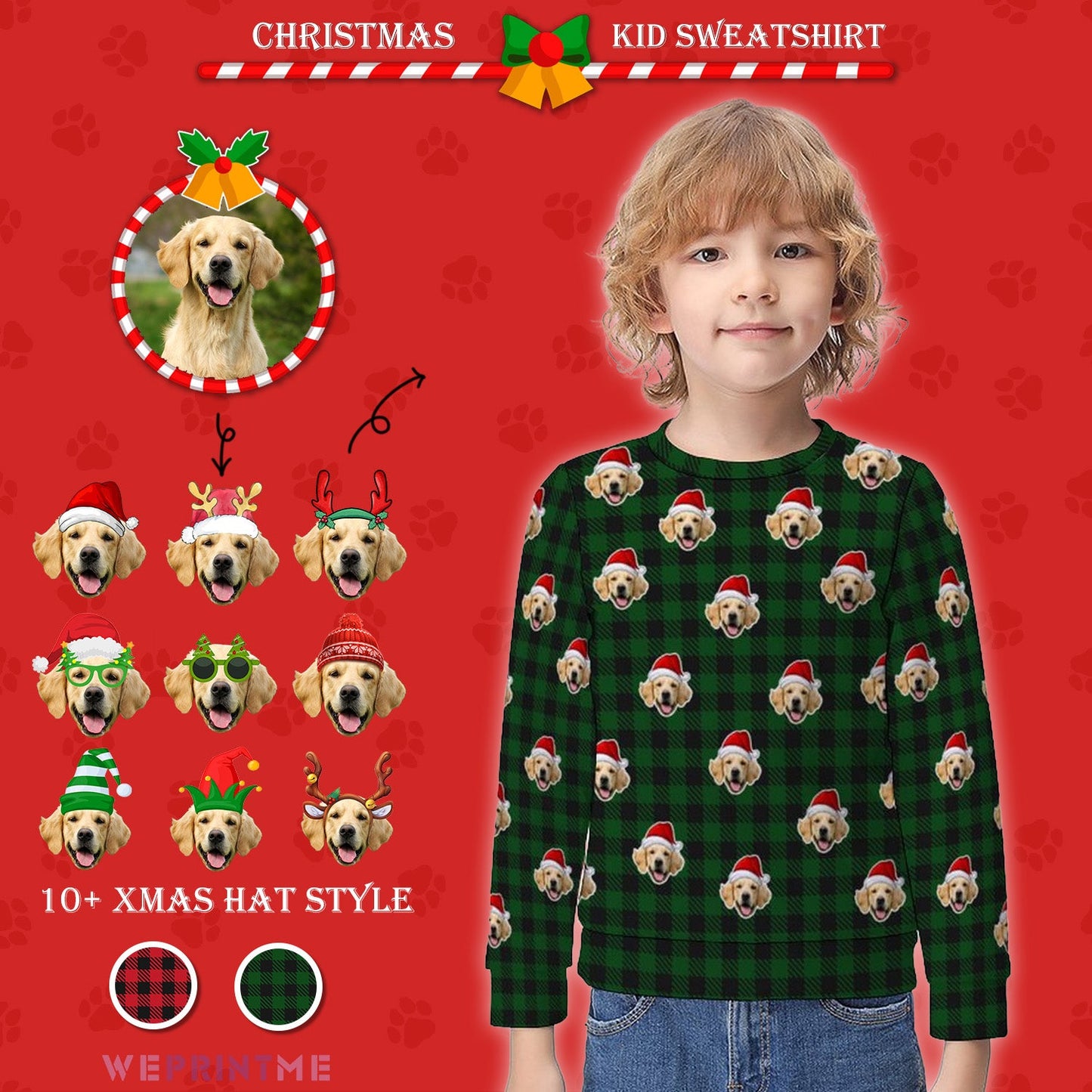 WEPRINTMEKid's SweatshirtCustom Pet Face Sweatshirt Santa Red Plaid Kids Sweatshirt