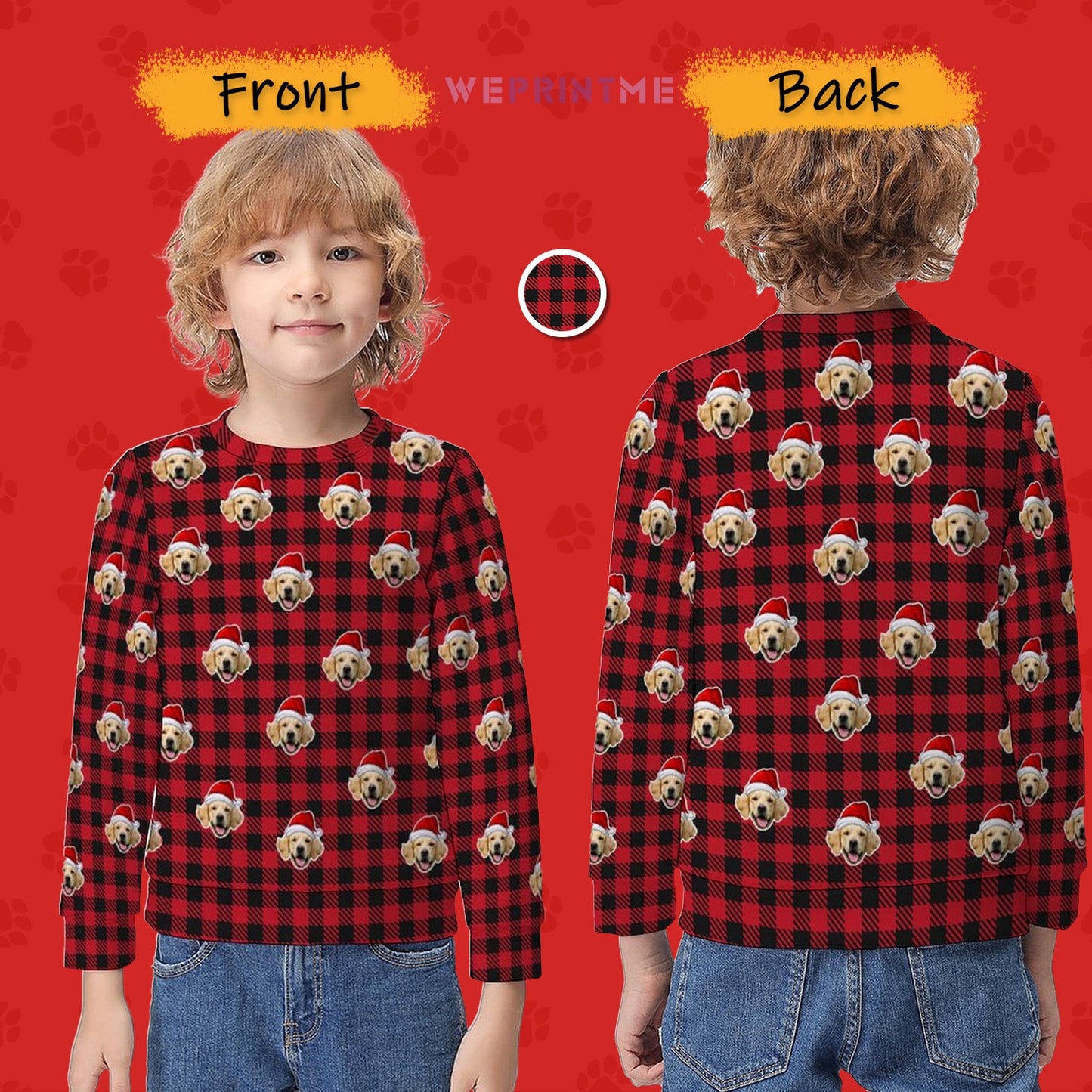 WEPRINTMEKid's SweatshirtCustom Pet Face Sweatshirt Santa Red Plaid Kids Sweatshirt