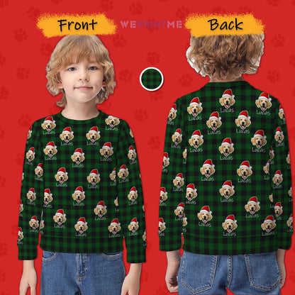 WEPRINTMEKid's SweatshirtCustom Pet Face&Name Santa Hat Red Plaid Kids Sweatshirt