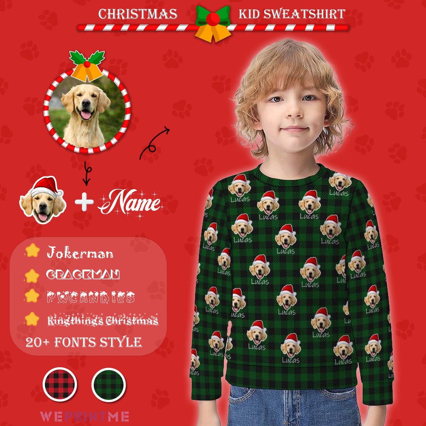 WEPRINTMEKid's SweatshirtCustom Pet Face&Name Santa Hat Red Plaid Kids Sweatshirt