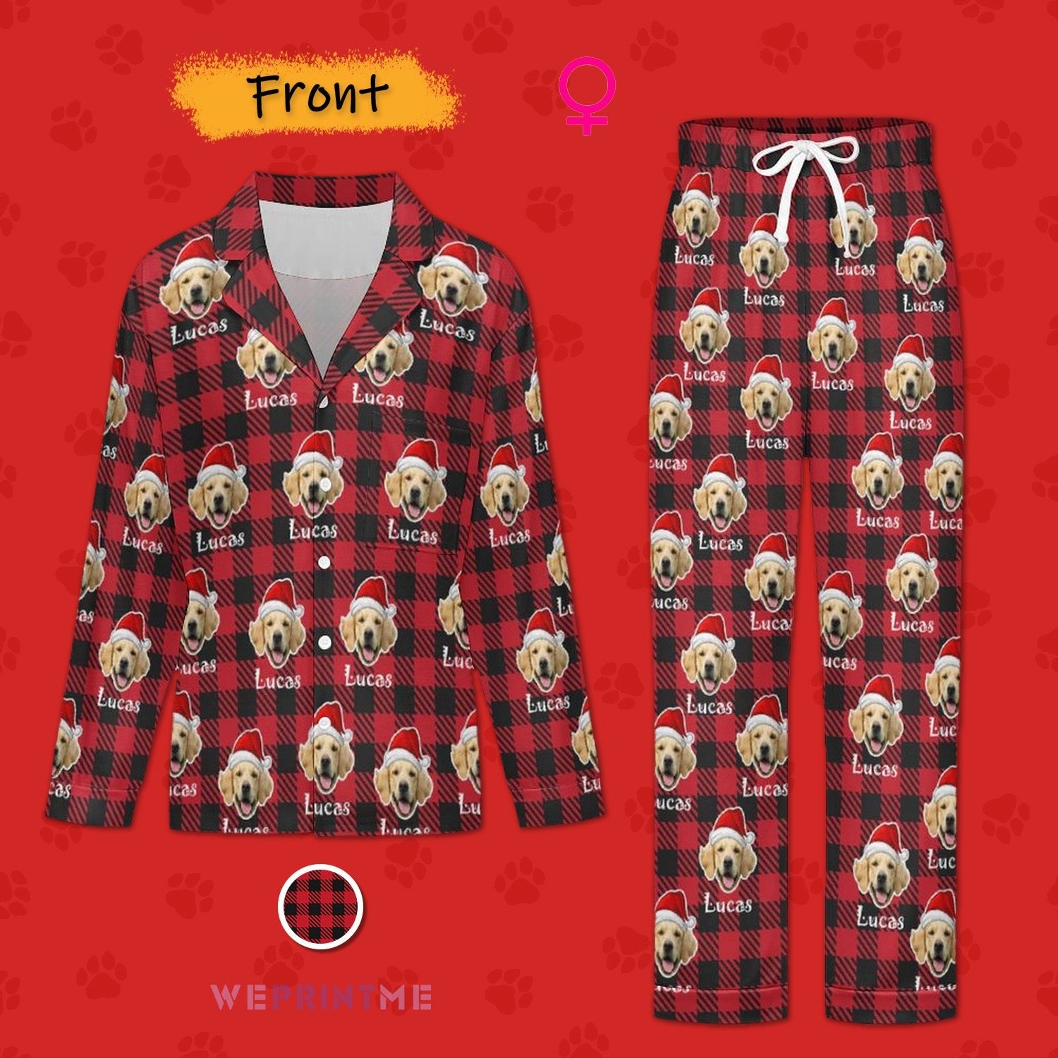 WEPRINTMEPajamasCustom Pet Face&Name Santa Hat Red Plaid Couple Matching Christmas Pajamas