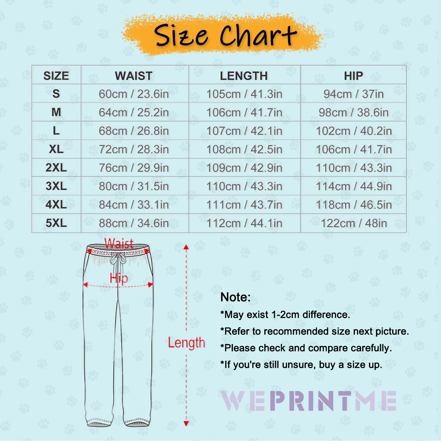 Size Chart of Personalized Dog Pajama Pants Cats or Dogs Face on Pants