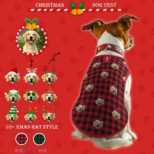 WEPRINTMEPet ClothesCustom Pet Face Pet Vest Santa Red Plaid Dog Vest