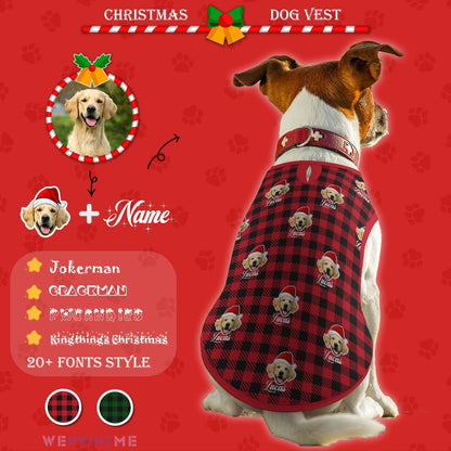 WEPRINTMEPet ClothesCustom Pet Face&Name Pet Vest Santa Hat Red Plaid Dog Vest