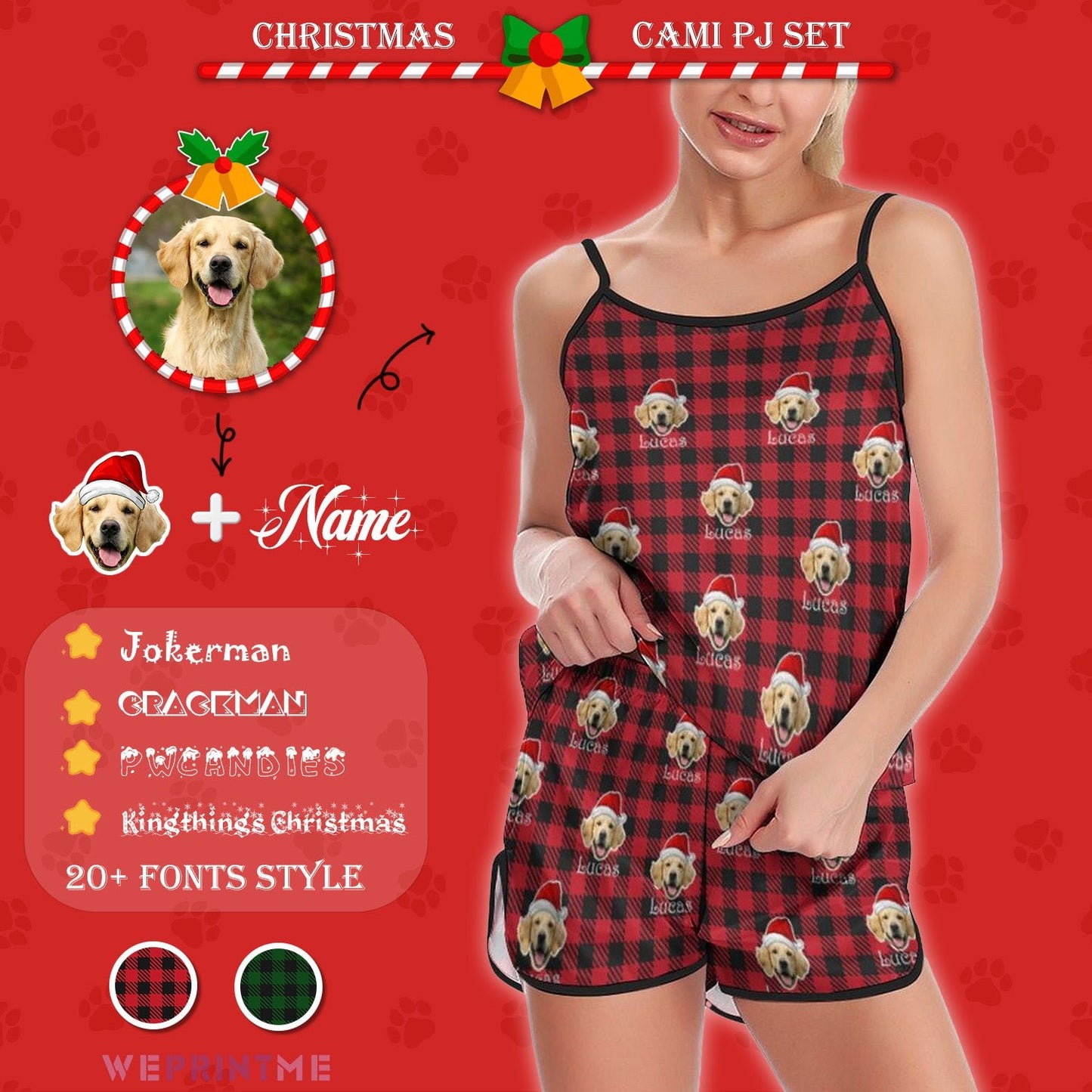 WEPRINTMEWomen Cami PajamasCustom Pet Face&Name Santa Hat Red Plaid Women's Cami Pajama Set