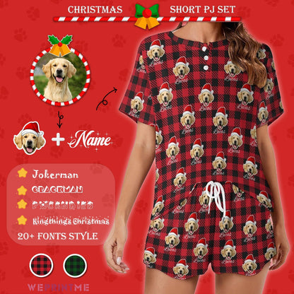 WEPRINTMEWomen Short Sleeve PajamasCustom Pet Face&Name Pajamas Santa Red Plaid Women's Short Pajama Set