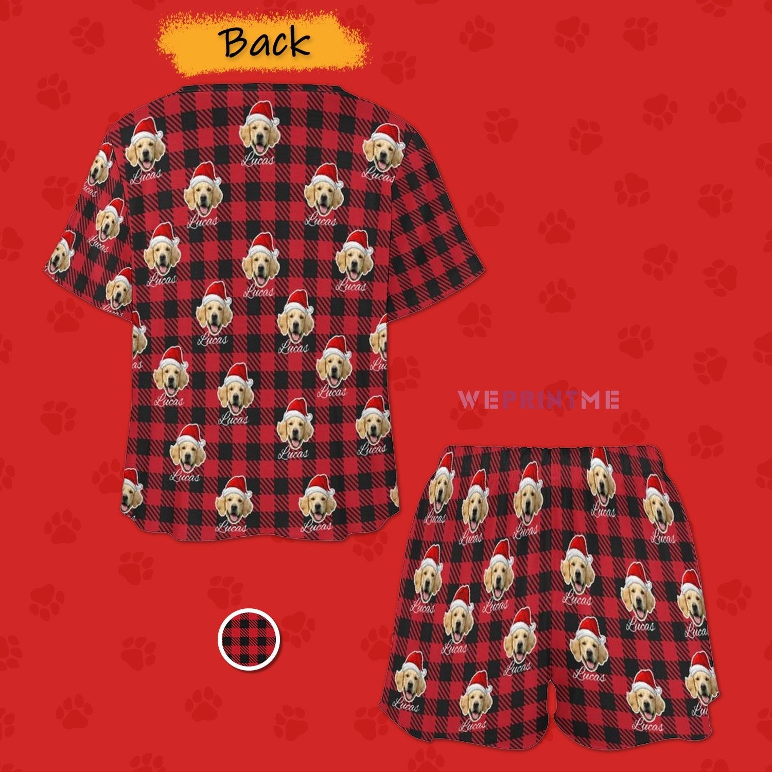 WEPRINTMEWomen Short Sleeve PajamasCustom Pet Face&Name Pajamas Santa Red Plaid Women's Short Pajama Set