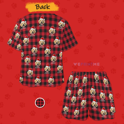 WEPRINTMEWomen Short Sleeve PajamasCustom Pet Face&Name Pajamas Santa Red Plaid Women's Short Pajama Set